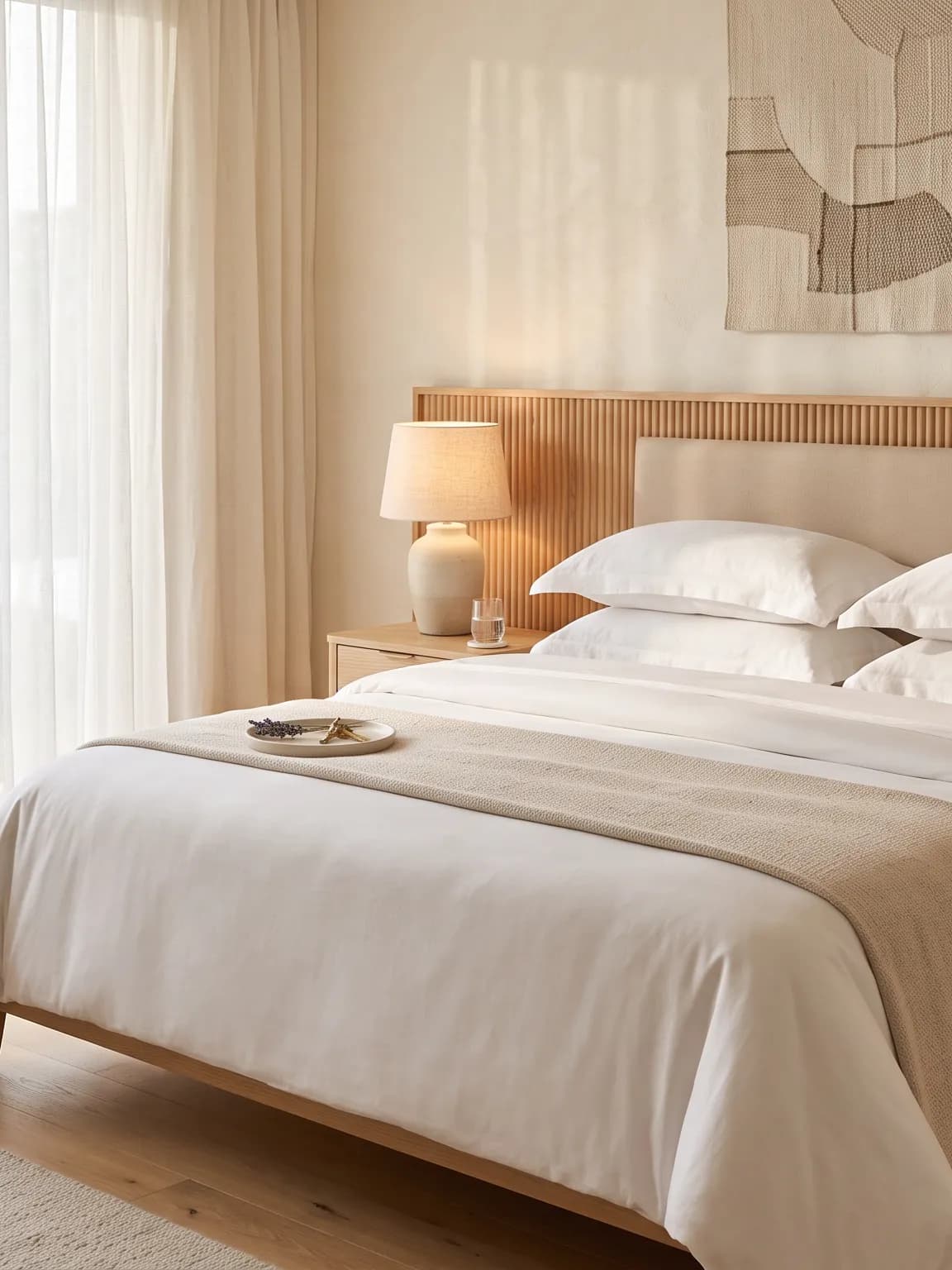 Freshly made hotel bed with layered white room bedding