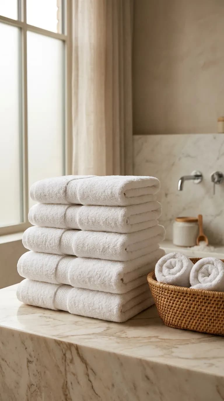 Stack of thick white hotel towels with rolled hand towels